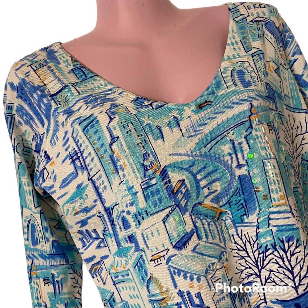 Sweaterworks Women's Sweater Top Medium City Buildings Print Sequin Beads V-Neck